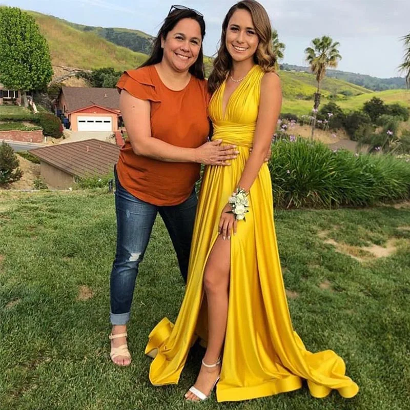 Sexy Bright Yellow Evening Dresses V-Neck Simple Women Formal Evening Party Dress Crisscross Back Front Split Vestido De Noite
Sexy Bright Yellow Evening Dresses V-Neck Simple Women Formal Evening Party Dress Crisscross Back Front Split Vestido De Noite