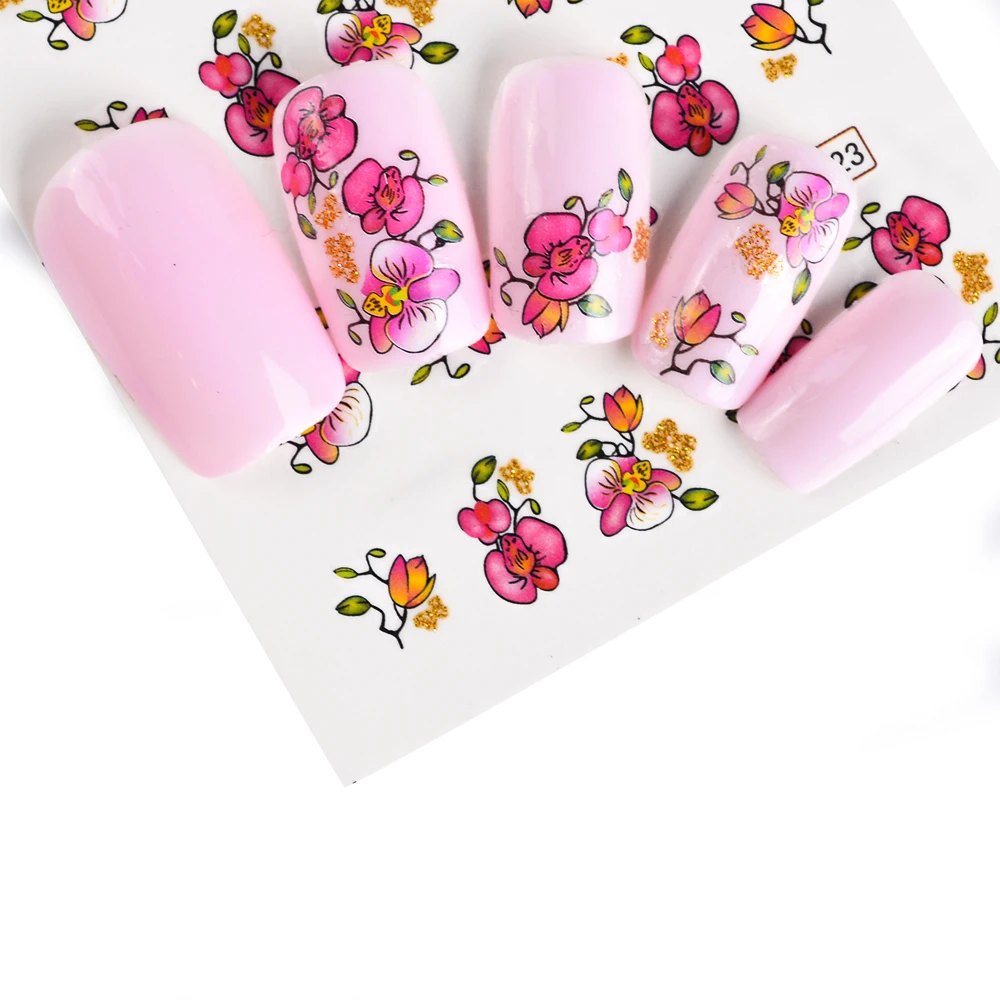 55pcs New Latest Nail Art Glitter Tips Flower Designs with Gold Powder Nail Art Sticker Decals Watermark DIY Manicur (12)