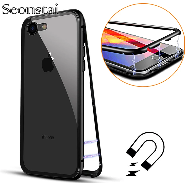 

Metal Magnetic Adsorption Flip Case for iPhone X 8 7 Plus Tempered Glass Back Cover Luxury Aluminum Bumpers for iPhone 7 8 Funda