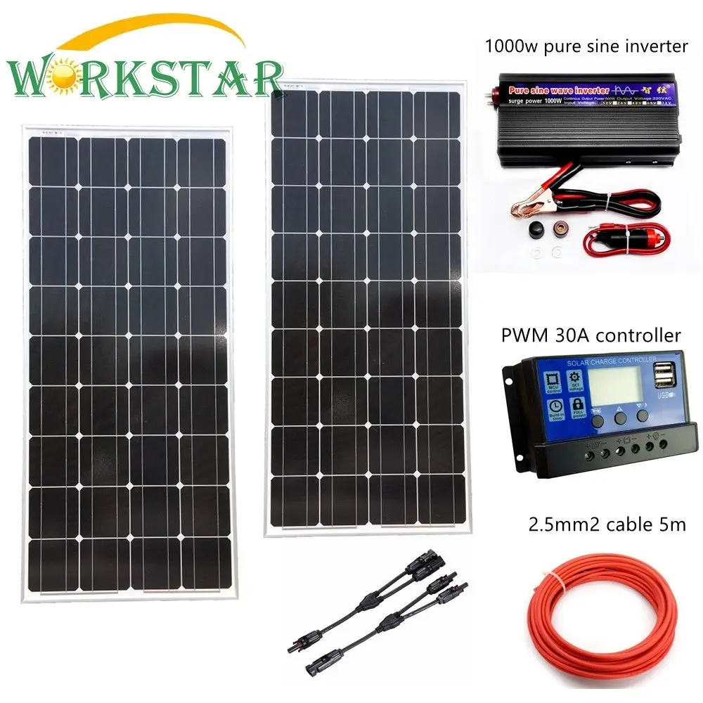 

2pcs Glass Laminate 100W Solar Panel with 1000w Inverter 30A controller Complete 200W Solar System for Beginner
