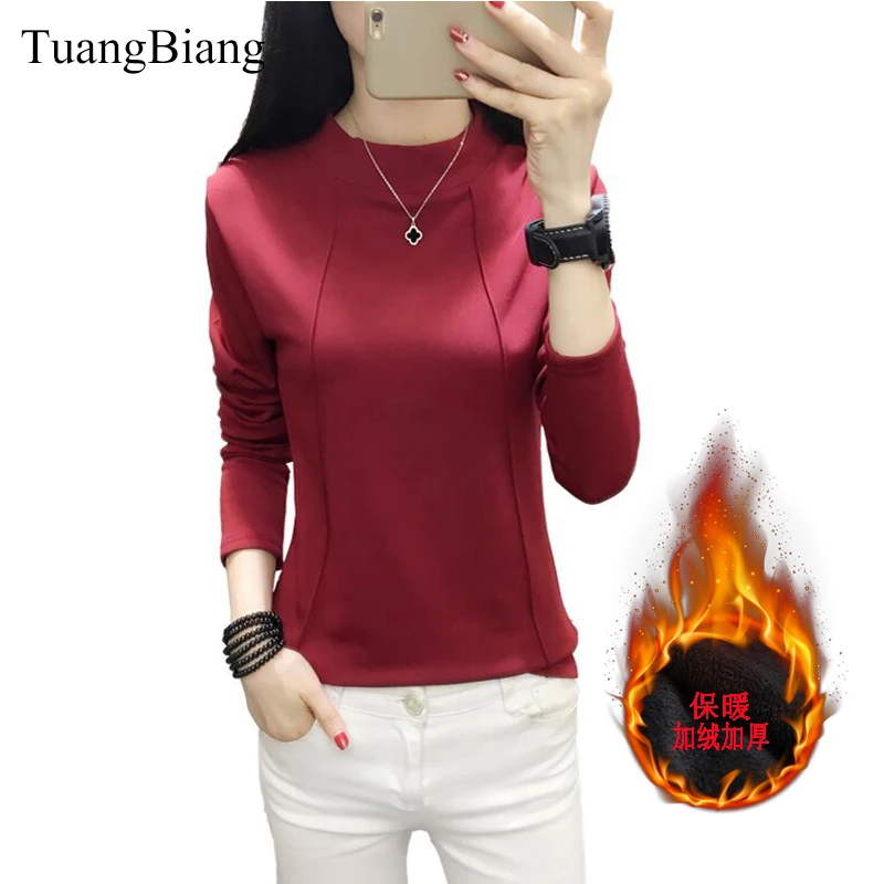 

TuangBiang 2019 Winter Turtleneck Keep warm T shirts Woman Long Sleeve Casual Tshirt Cotton Cashmere Thick Tops camiseta mujer