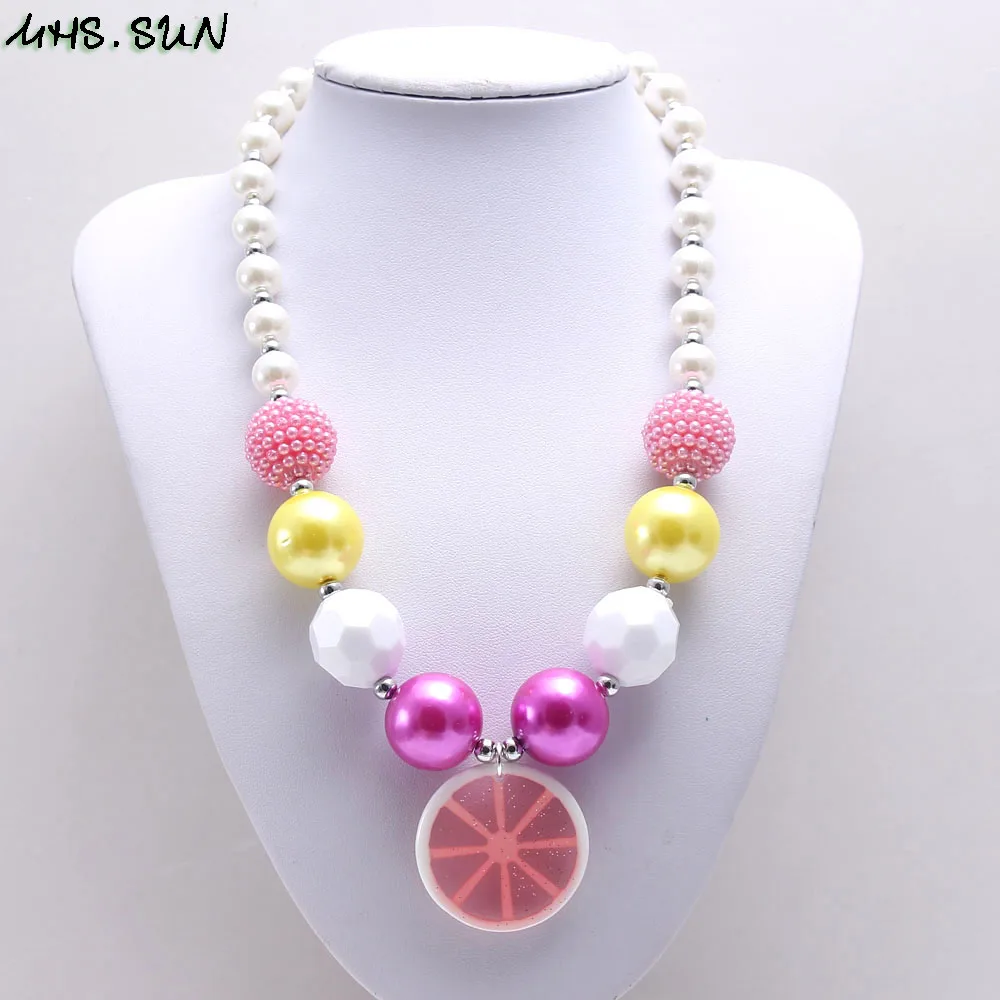 BN626 (13) Spring New Style Girls Kids Chunky Beads Necklace With Lemon Pendants Baby Child Bubblegum Beads Chunky Necklace Jewelry
