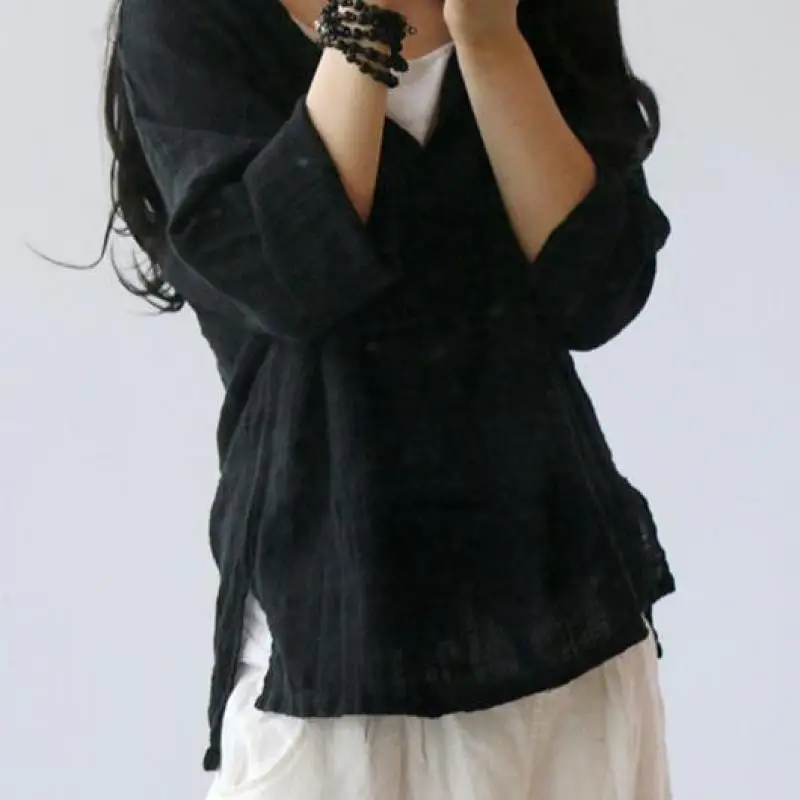 

Harajuku Long Sleeve Casual Sunscreen T Shirt Women Sparse Cotton Linen Loose Style Blusa Tops Loose Coat