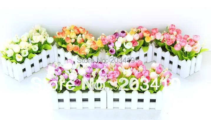 Image 1set Artificial rose buds bouquet+wooden vase slik flowers plants for Wedding Party Home Decoration gift craft  CN post CN post