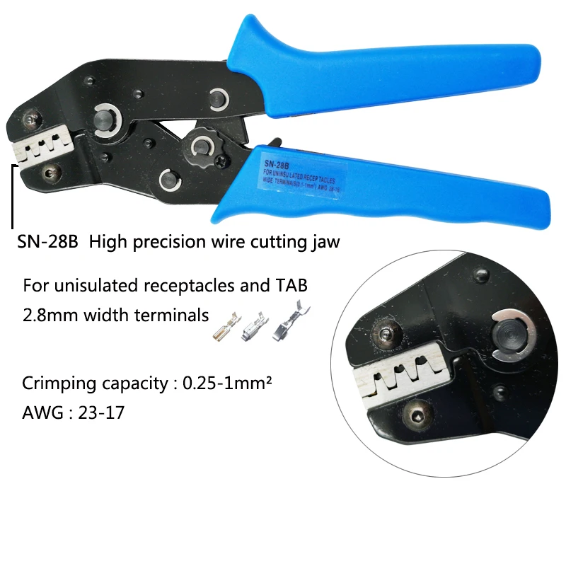 CNLX SN-28B Crimping pliers for unisulated receptacles and Tab 2.8mm width terminals Crimping 0.25-1mm2 AWG23-17 crimping tools
CNLX SN-28B Crimping pliers for unisulated receptacles and Tab 2.8mm width terminals Crimping 0.25-1mm2 AWG23-17 crimping tools