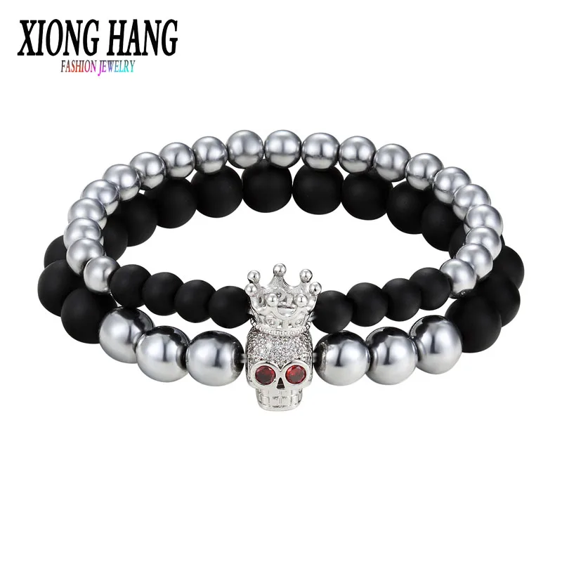 

XiongHang 2 Pcs/set 6mm Beads With Crown And 8mm Beads With Skull Bracelet Men Hematite Stone Natural Bracelets Lovers Jewelry