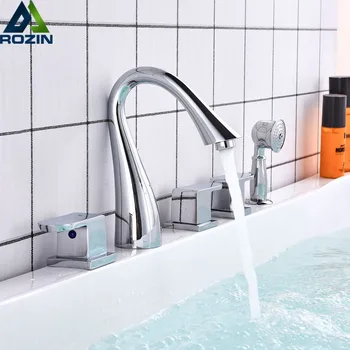 Chrome Deck Mounted Bathtub Faucet Set 5 Holes Widespread Tub Mixer Bathroom Goose Neck Bath Shower Set with Handshower
Chrome Deck Mounted Bathtub Faucet Set 5 Holes Widespread Tub Mixer Bathroom Goose Neck Bath Shower Set with Handshower