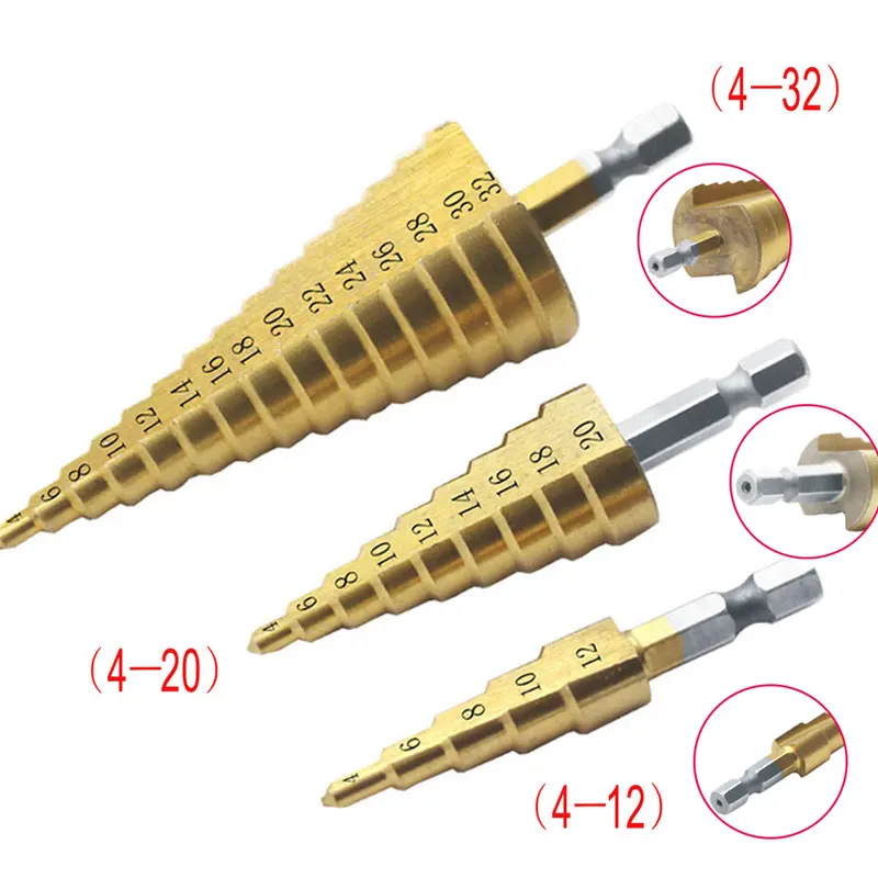 High Quality 4241 Hex Shank Step Drill Bit HSS Titanium Coated 4-32/20/12 Step Drilling Power Metal Twist Tool Wood Cutter Hole
High Quality 4241 Hex Shank Step Drill Bit HSS Titanium Coated 4-32/20/12 Step Drilling Power Metal Twist Tool Wood Cutter Hole