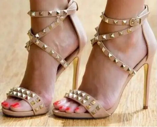 

studded sandals dress sandal for woman nude/white cross strappy high heels rivets sandals open toe gold studs charming heels