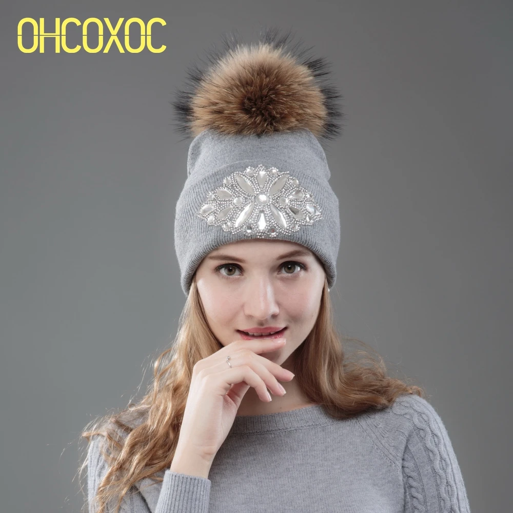 

luxury winter hats for women woman long crystal flower decorated big FOX pom poms black navy grey lady fashion winter beanie hat