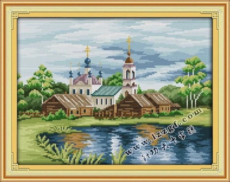 

48*38 Needlework,DIY DMC Cross stitch,Set For Embroidery kit, View in River Side Cottage Scenery Patterns Cross-Stitch,Painting