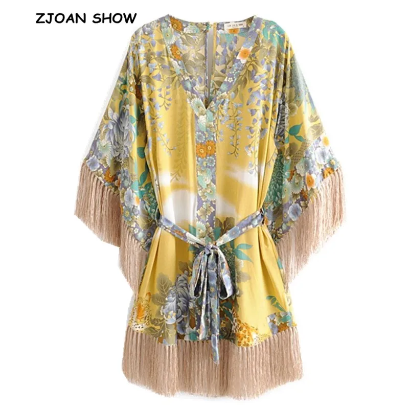 2019 New Bohemian Yellow Flower Print Loose Hem Tassel Dress Holiday Woman Bat sleeve Tide Bow Sashes Kimono Dresses Beach
2019 New Bohemian Yellow Flower Print Loose Hem Tassel Dress Holiday Woman Bat sleeve Tide Bow Sashes Kimono Dresses Beach
