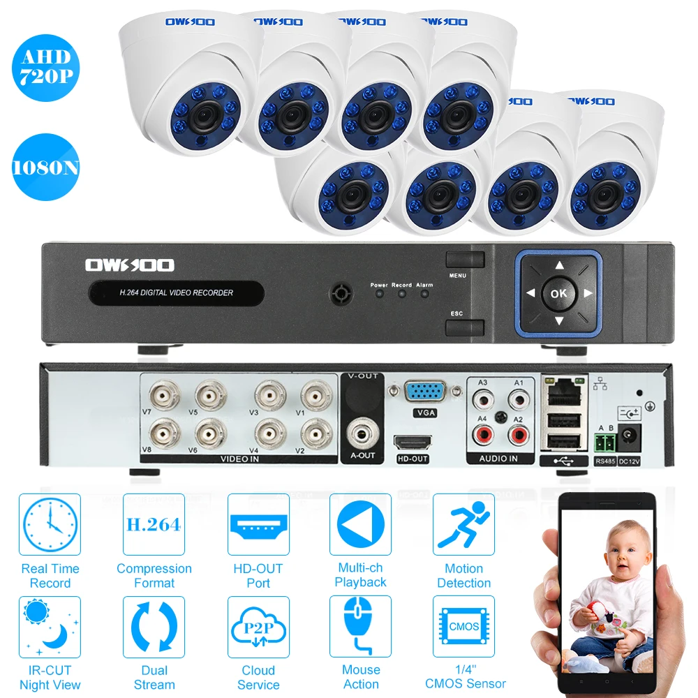 

OWSOO 1080N DVR 8CH 720P AHD Indoor Dome Motion Detection Night Vision CCTV Camera Security Camera System Surveillance Kits