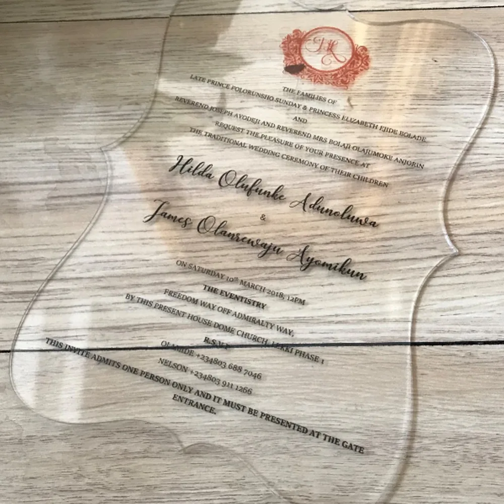 50pcs New Arrived Colorful Acrylic wedding invitation, laser cut custom wordings wedding invitation card
50pcs New Arrived Colorful Acrylic wedding invitation, laser cut custom wordings wedding invitation card