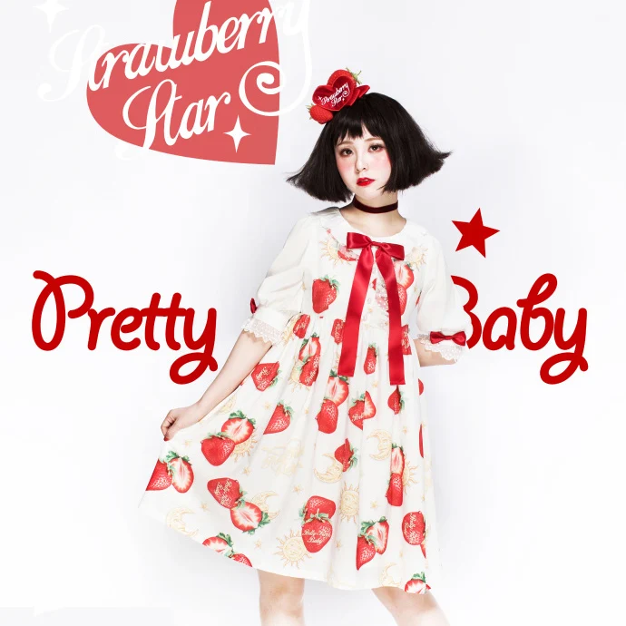 

Star Moon Strawberry Super Cute Women's Lolita OP Dress Summer Short Sleeve Dress Bows Trim One Piece White/Blue/Black Sweet