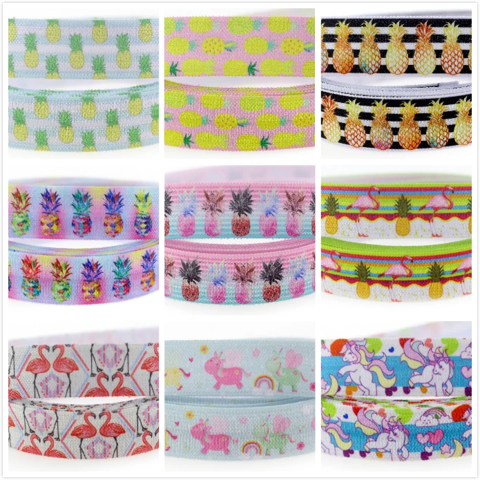 

5/8"16mm summer pineapple printed fold over elastic ribbon cartoon handmade hair bows party decoration 50 yards