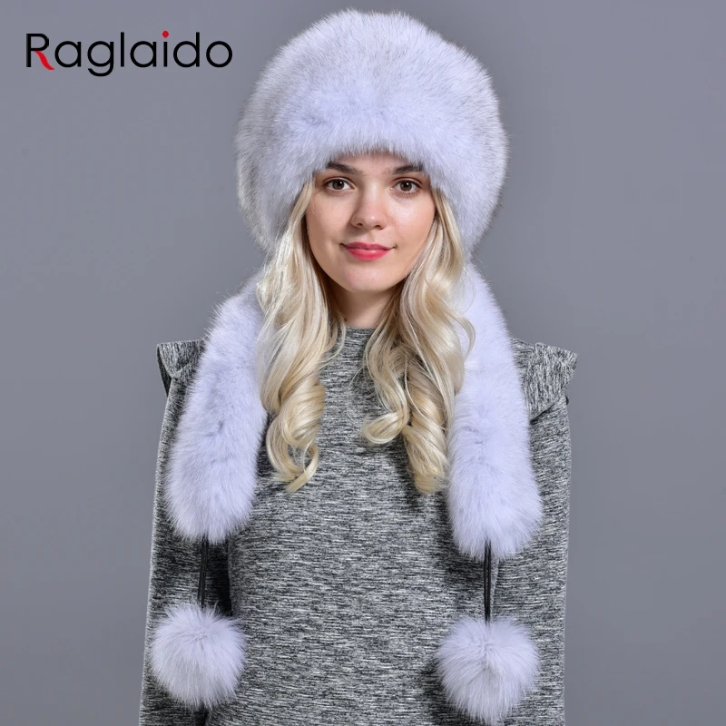 Зимняя женская шапка бомбер Raglaido с хвостом из натурального Лисьего кроличьего