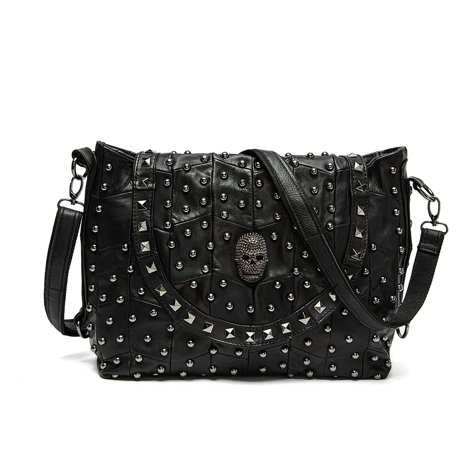 Luxury Designer Skull Rivet Genuine Leather Messenger Bag