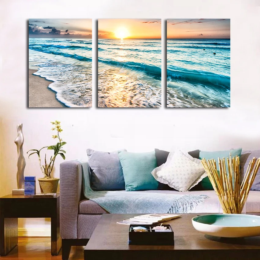 

Seascape Sunset Triptych Wall Art 3 Piece Sea Waves Photography Frameless Painting Set Prints Canvas Art Home Decors Not Framed