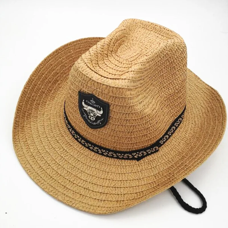 

Summer Men Bull Badge Cowboy Straw Sunhat With Rope Jazz Hats Western With Wild Brim Caps Sun Protection Fedora Cap For Man