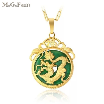 

M.G.Fam Chinese Ancient Mascot Dragon Pendant Necklace Pure Gold Color AAA+ Green Rhinestone with 45cm Chain