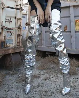 Фото Женские кожаные сапоги выше колена с металлическим зеркалом серебристого и