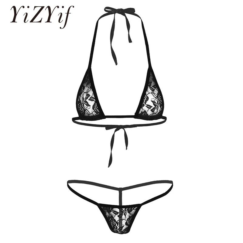 

Women Sexy Lingerie Micro Bikini Thong Swimwear See Through Sheer Halterneck Bikini Bra Top with T-back Thong G-String Briefs