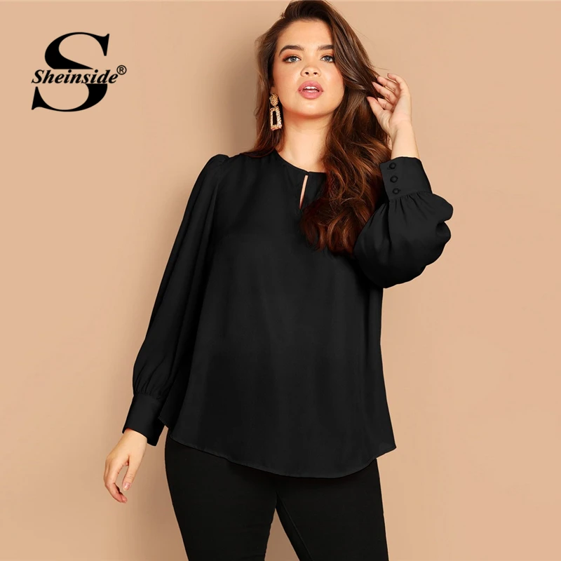 

Sheinside Plus Size Elegant Cut Out Curved Hem Top Women 2019 Spring Casual Black Blouses Ladies Keyhole Back Button Blouse