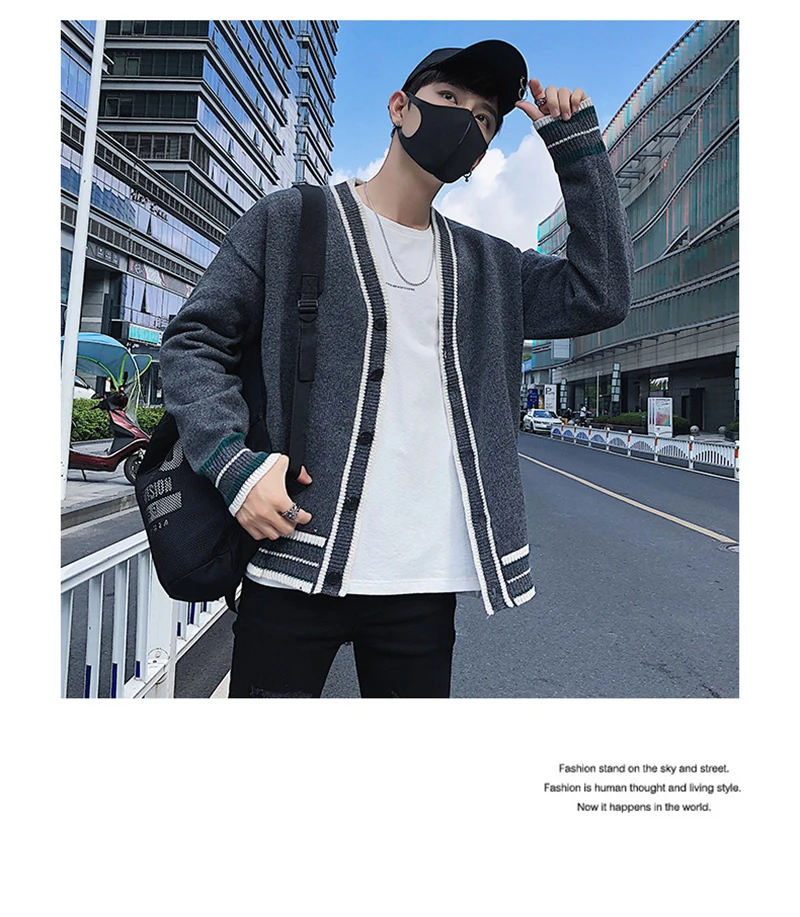 Check Button Cardigan Male Oversize Loose Streetwear (11)