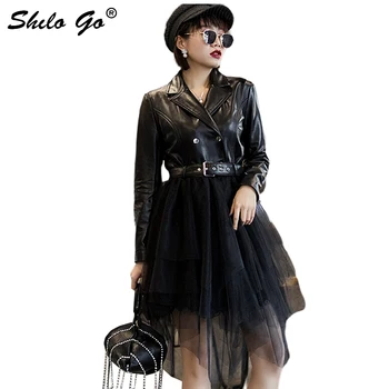 Streetwear Leather Dress Women Moto Metal Belt Long Sleeve Sheepskin Genuine Leather Ball Dwon Dress Spliced Mesh Female Dress
Streetwear Leather Dress Women Moto Metal Belt Long Sleeve Sheepskin Genuine Leather Ball Dwon Dress Spliced Mesh Female Dress
