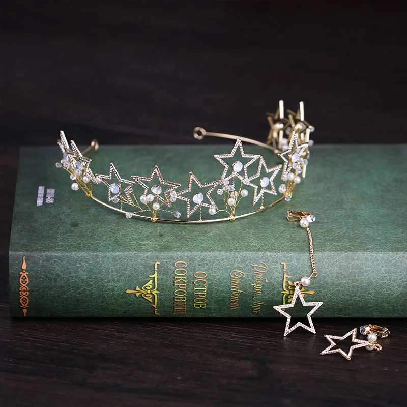 Women Gold Rhinestone Stars Pearl Crown Tiaras and Earrings For Bride Princess Wedding Headpiece Ornaments Hair Jewelry Set JL
Women Gold Rhinestone Stars Pearl Crown Tiaras and Earrings For Bride Princess Wedding Headpiece Ornaments Hair Jewelry Set JL