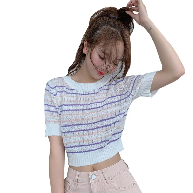 2019 Sexy Top Women's Korean Style Casual O Neck Striped Short Sleeve Slim Crop Top Knitted T-Shirt Women camisetas verano mujer
2019 Sexy Top Women's Korean Style Casual O Neck Striped Short Sleeve Slim Crop Top Knitted T-Shirt Women camisetas verano mujer