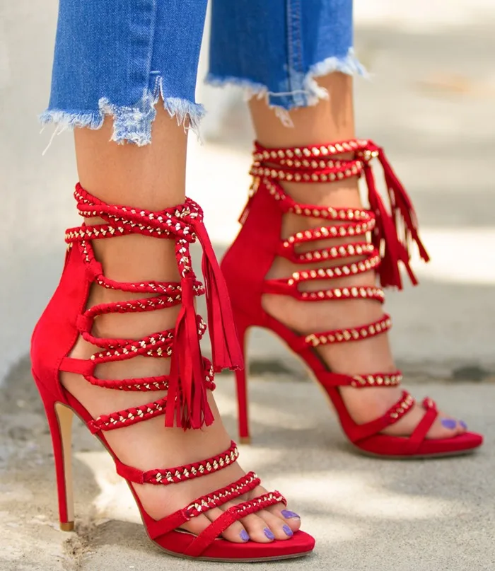 

Hot Sale Wedding Party Dress Shoes Women High Heel Sexy Sandals Fashion Chain Decoration Fringed Gladiator Strappy Sandals