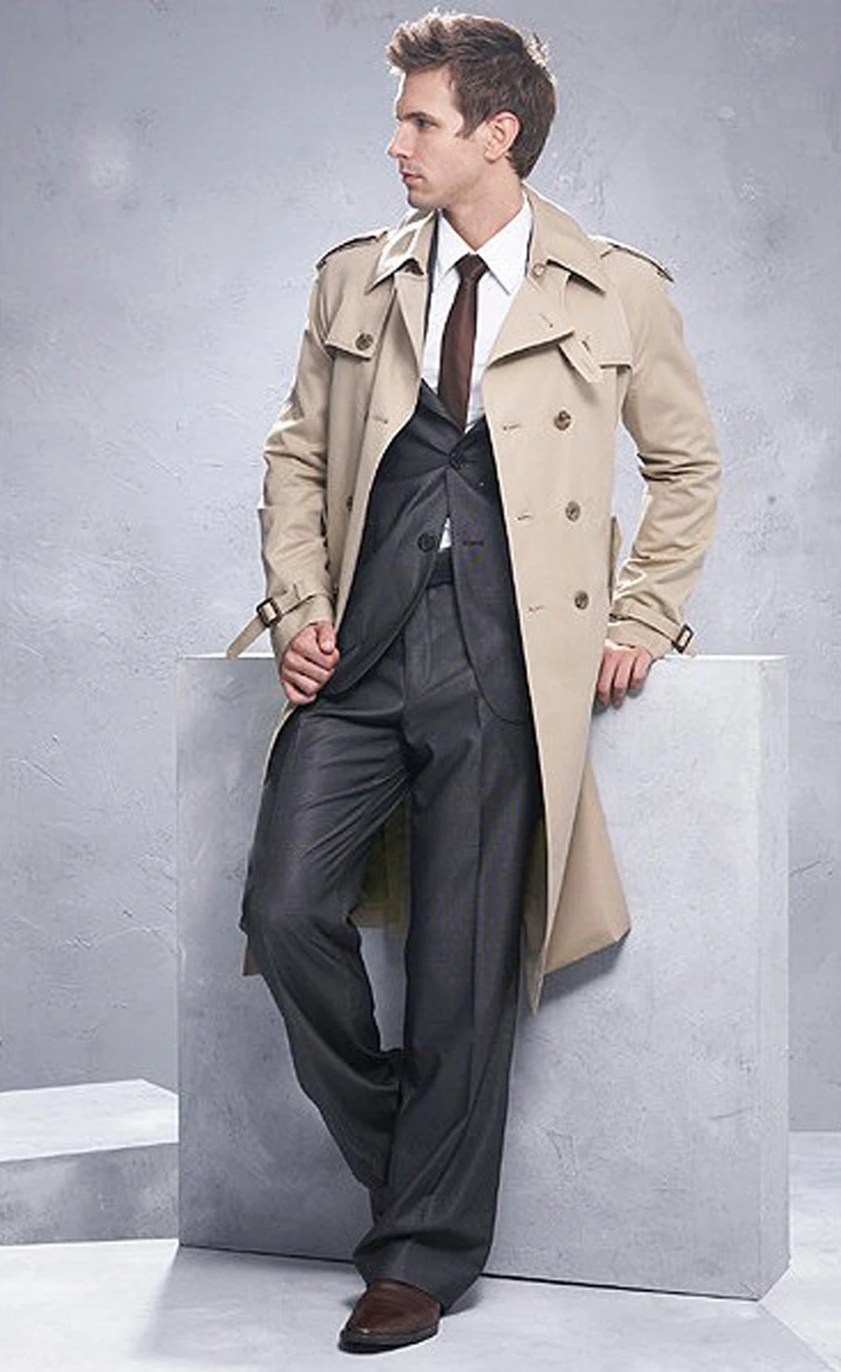 Trench Coat Homens Clássico Double Breasted Mens Longo Casaco Mens