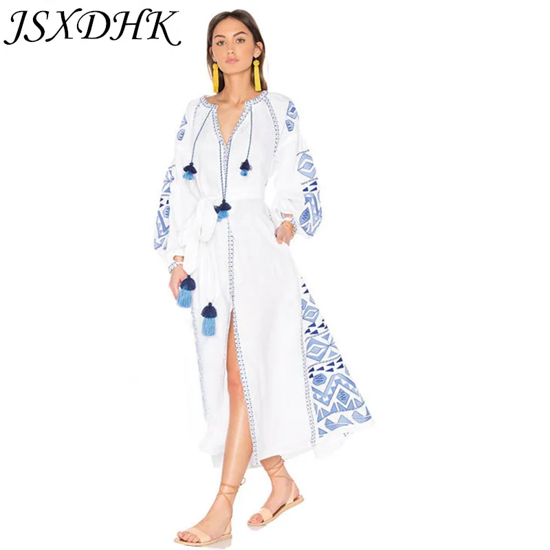 JSXDHK New 2018 Ethnic Holiday Beach Long Dress Runway Summer Women White Embroidery Tassel Lantern Sleeve Cotton Boho Dress
JSXDHK New 2018 Ethnic Holiday Beach Long Dress Runway Summer Women White Embroidery Tassel Lantern Sleeve Cotton Boho Dress