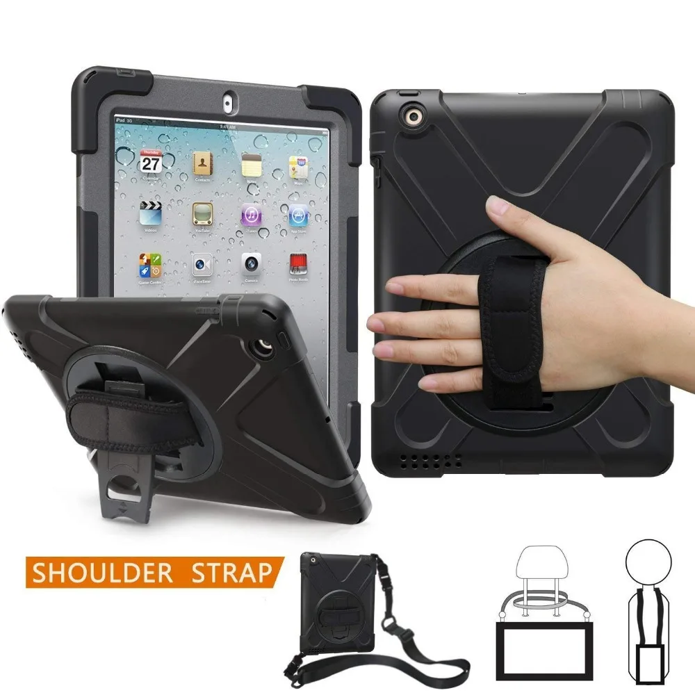 

For Apple iPad 2 3 4 Case Hybrid 3 Layer Armor Rugged Shockproof Kickstand Shoulder Strap Cover for iPad 2nd 3rd 4th Generation