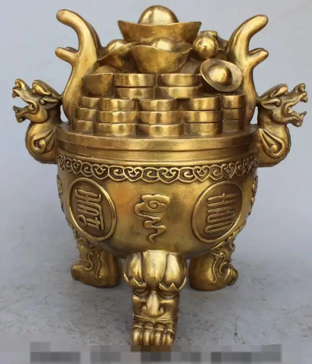 S01945 11"China Bronze Brass Wealth Money YuanBao Dragon Lion treasure bowl Ruyi Statue B0403
S01945 11"China Bronze Brass Wealth Money YuanBao Dragon Lion treasure bowl Ruyi Statue B0403