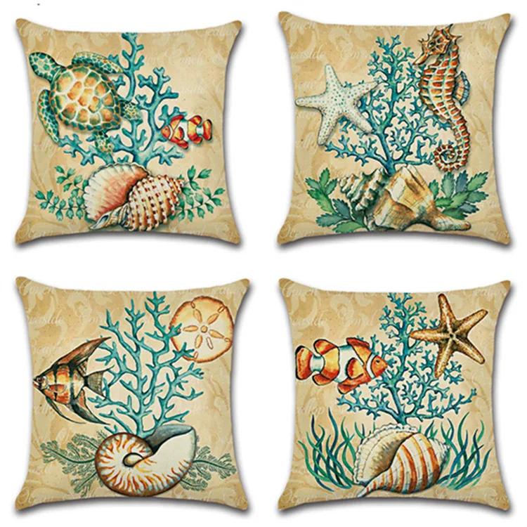 

Marine Ocean Linen Cushion Cover 45X45cm Sea Turtle Seahorse Print Pillow Case Cover Home Sofa Bedroom Decorative Pillowcase