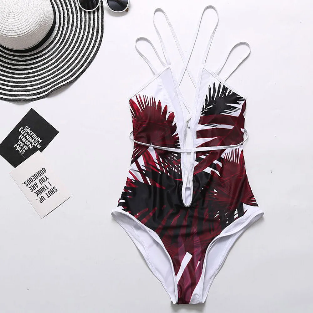 Fashion Summer women's sexy straps leaf print straps halter one-piece swimsuit swimsuit bikini fashion sexy swimsuit 2019 A3067
Fashion Summer women's sexy straps leaf print straps halter one-piece swimsuit swimsuit bikini fashion sexy swimsuit 2019 A3067