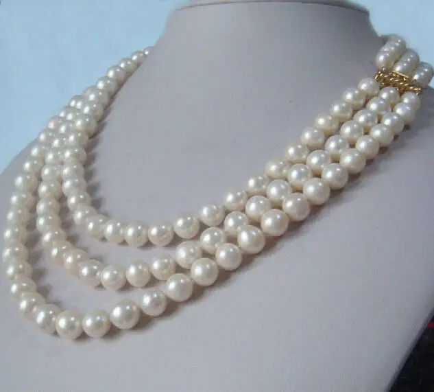 

3 row strands natural 9-10mm akoya white pearl necklace 18"19"20" 14K gold clasp