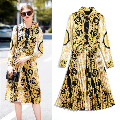2018 new famous brand same style yellow pattern long sleeve autumn dress pleated elegant turn-down collar shirt dresses women
2018 new famous brand same style yellow pattern long sleeve autumn dress pleated elegant turn-down collar shirt dresses women