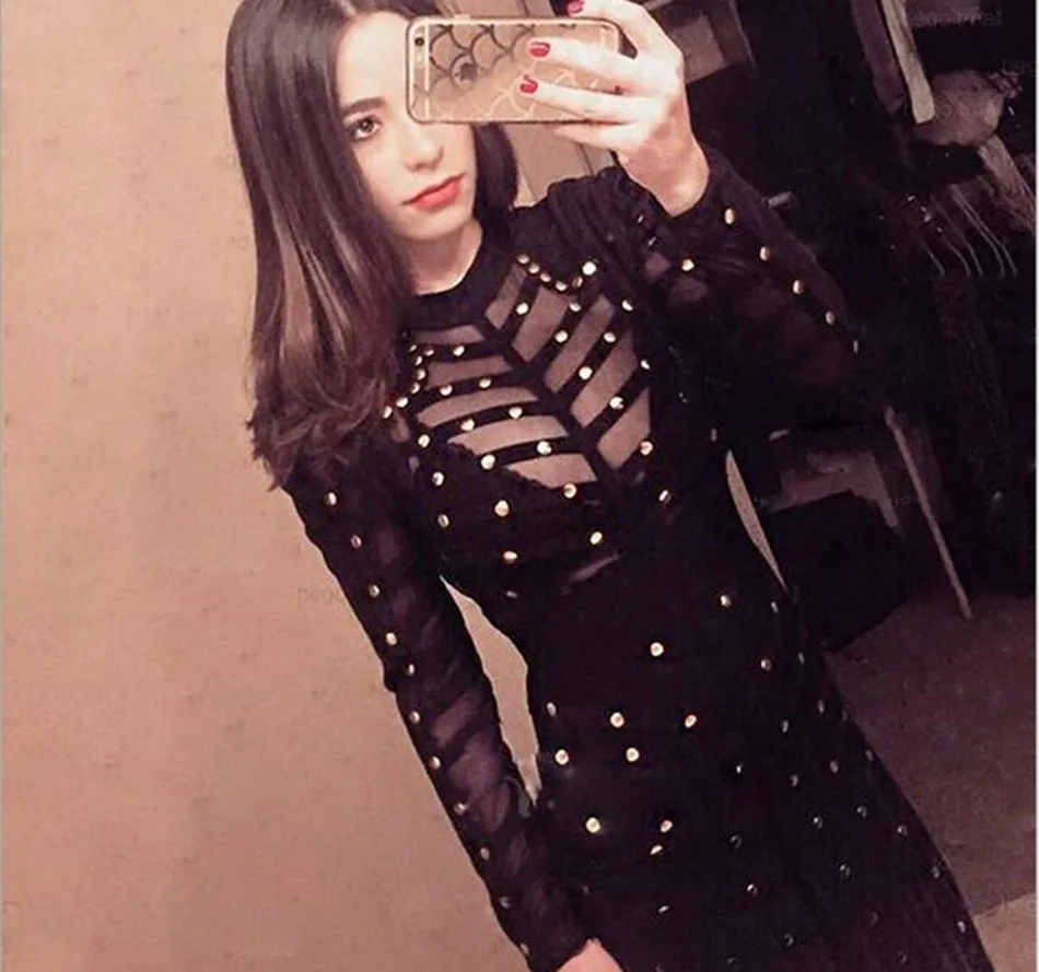 TANG Summer Sexy Low Chest Women Dress Fashion Rivet Slim High Waist Dress Runway Perspective Hollow Out Party dress (9)