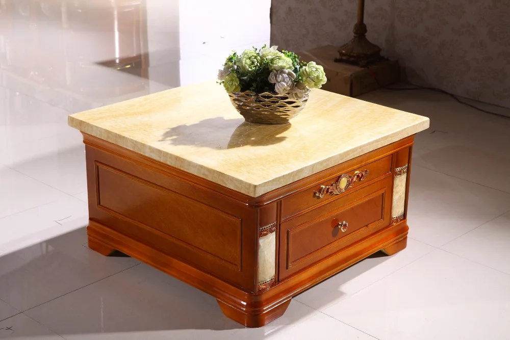 Image European retro wooden corner side table storage drawer marble top made in China living room furniture