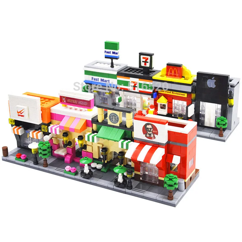 HSANHE Mini Street City 3D Retail Store McDonald Cafe Apple Mini Shop Classic Educational Building Block Toys for Children