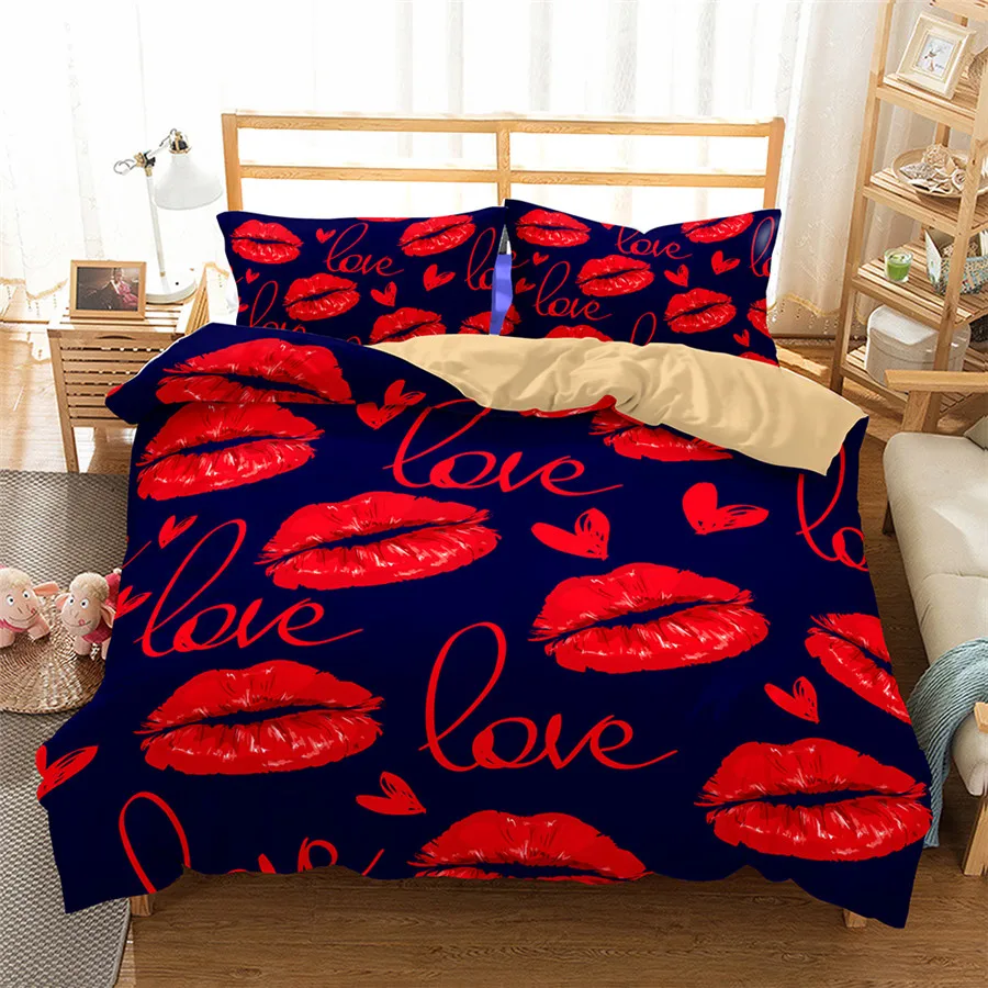 Helengili 3d Bedding Set Lips Print Duvet Cover Set Lifelike