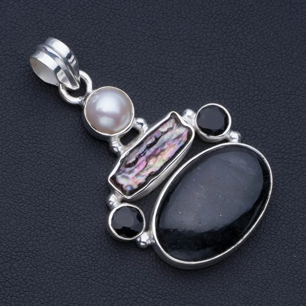 Tourmalinated Quartz,Biwa Pearl,River Pearl and Biwa Pearl 925 Sterling Silver Pendant 2" P0779
Tourmalinated Quartz,Biwa Pearl,River Pearl and Biwa Pearl 925 Sterling Silver Pendant 2" P0779