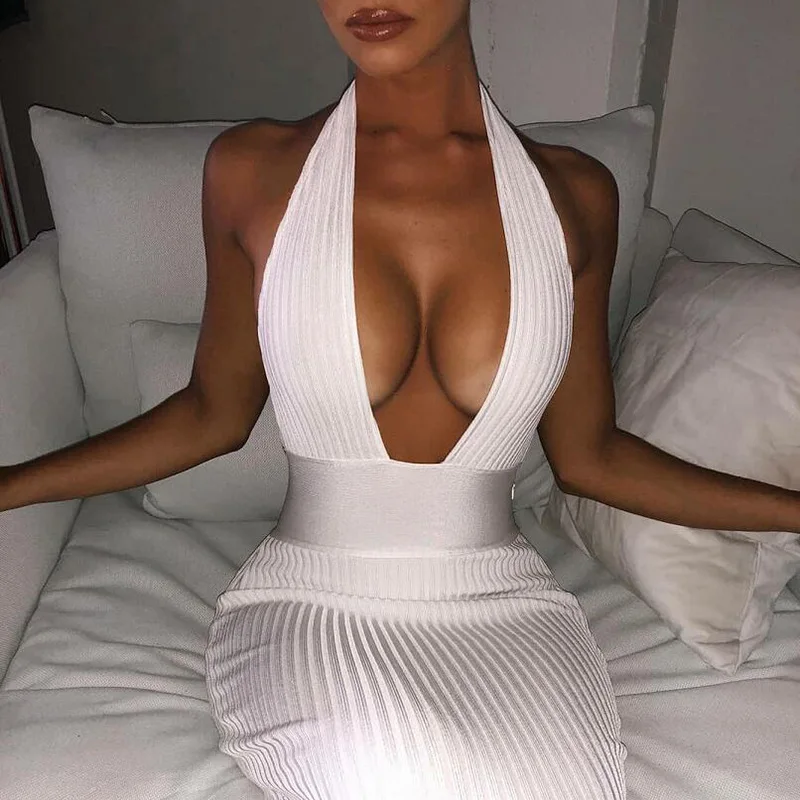 

Halter Backless Sexy Knitted Pencil Dress Women White Off Shoulder Long Bodycon Party Dress Elegant Summer Dress 2019