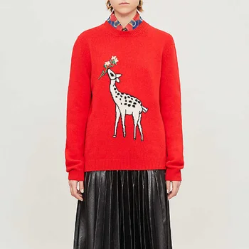 Women Red Sweaters 2019 Early Fall Round Neck Long Sleeve Fawn Pattern Loose Knitted Pullovers Runway Cashmere Sweater Women
Women Red Sweaters 2019 Early Fall Round Neck Long Sleeve Fawn Pattern Loose Knitted Pullovers Runway Cashmere Sweater Women