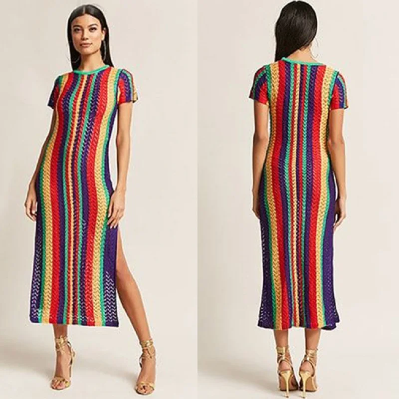 Multicolored Striped Short Sleeve Side Split Summer Beach Dress Swimwear Cover Up Women Tunic Sexy Cover-ups Sarong
Multicolored Striped Short Sleeve Side Split Summer Beach Dress Swimwear Cover Up Women Tunic Sexy Cover-ups Sarong