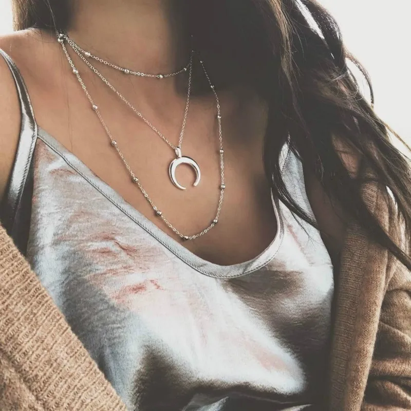 

RONGBIN 2018 New Fashion 3 Layers Chain Necklace Horn Necklace Crescent Moon Necklace Boho Jewelry Minimal Girlfriend Gift